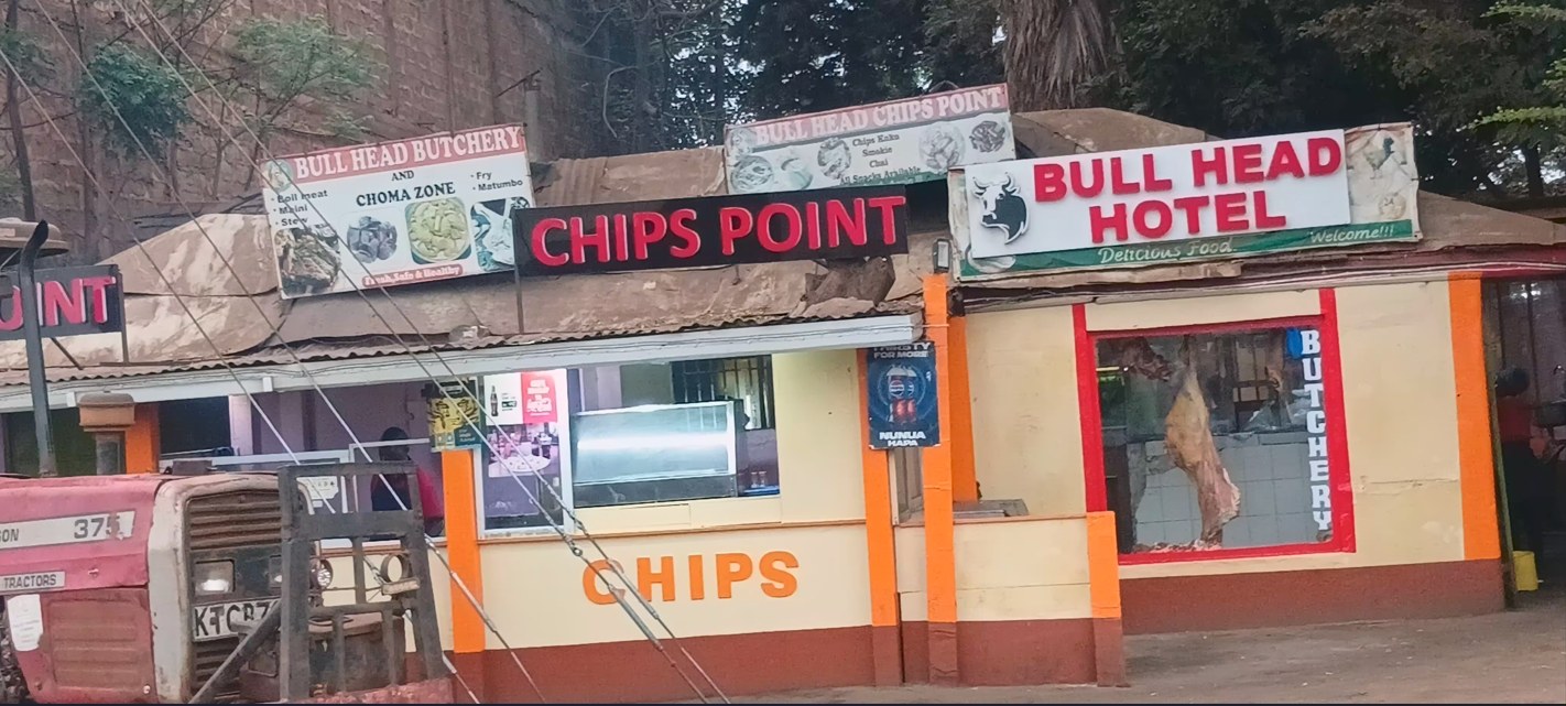Bull Head Butchery, Choma Zone, Chips Point and Bull Head Hotel storefront in Emali